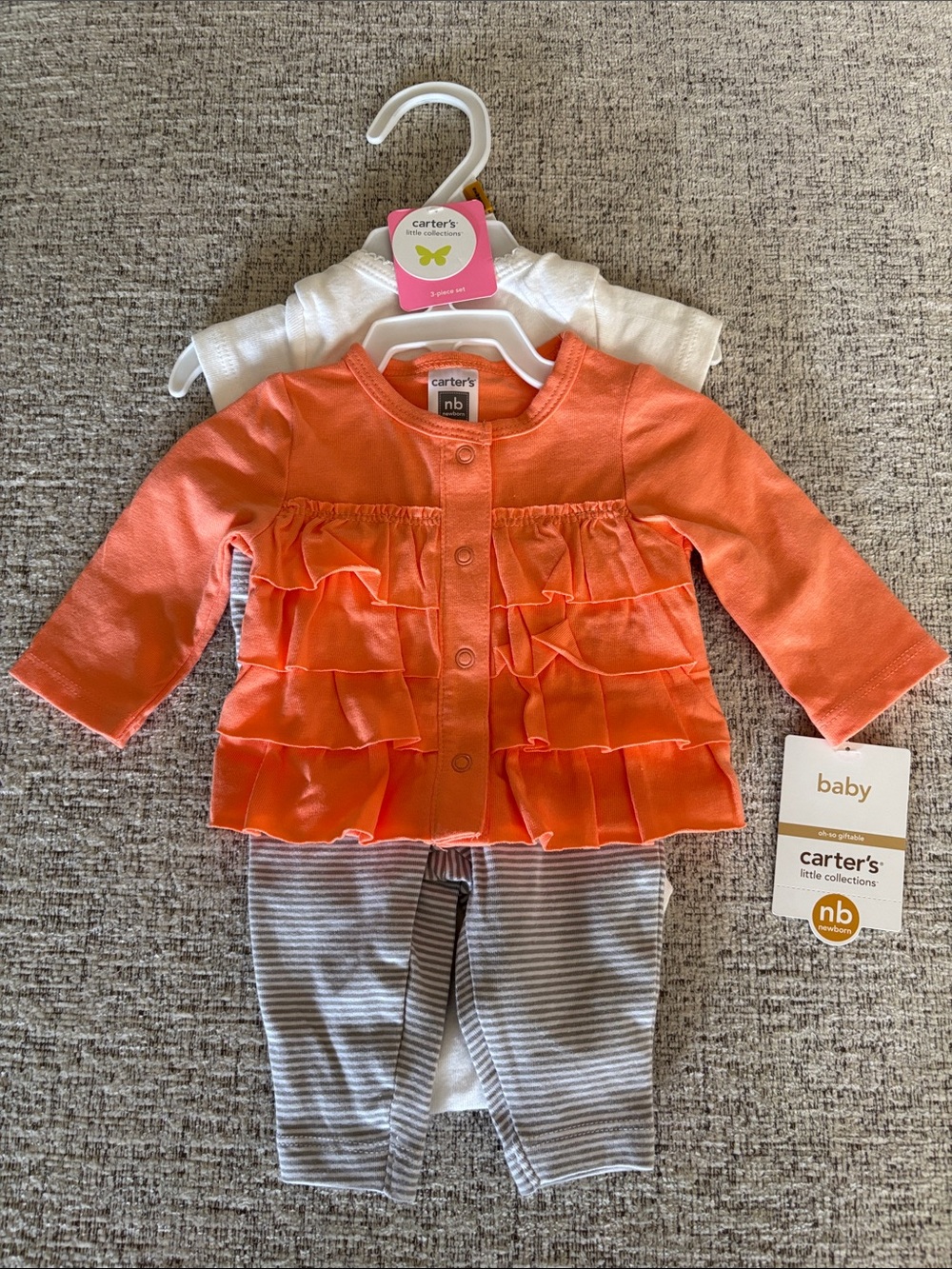 Carter's Orange Ruffle Cardigan with White Bodysuit & Gray Stripe Leggings